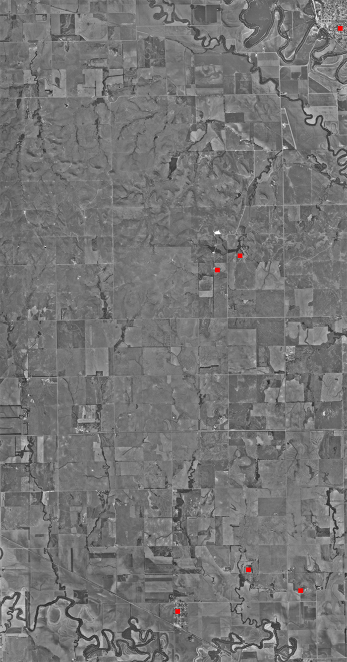 Aerial photograph of Ottawa County, Kansas, showing the section-line road grid and the river valleys.