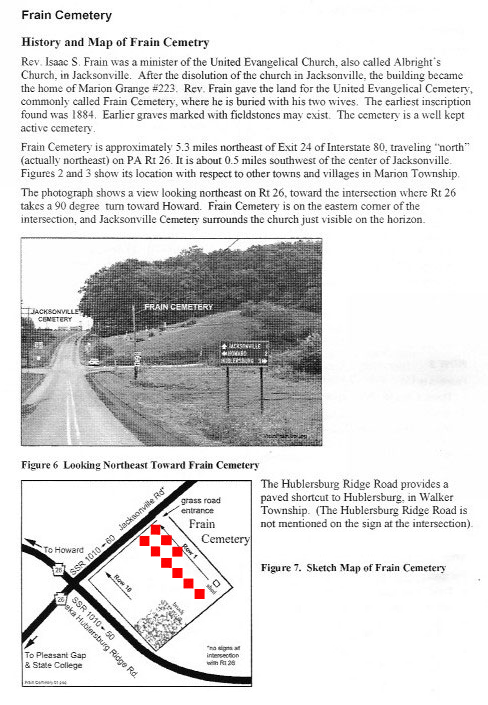Plot map of the United Evangelical (Frain) Cemetery, Jacksonville, Pennsylvania.