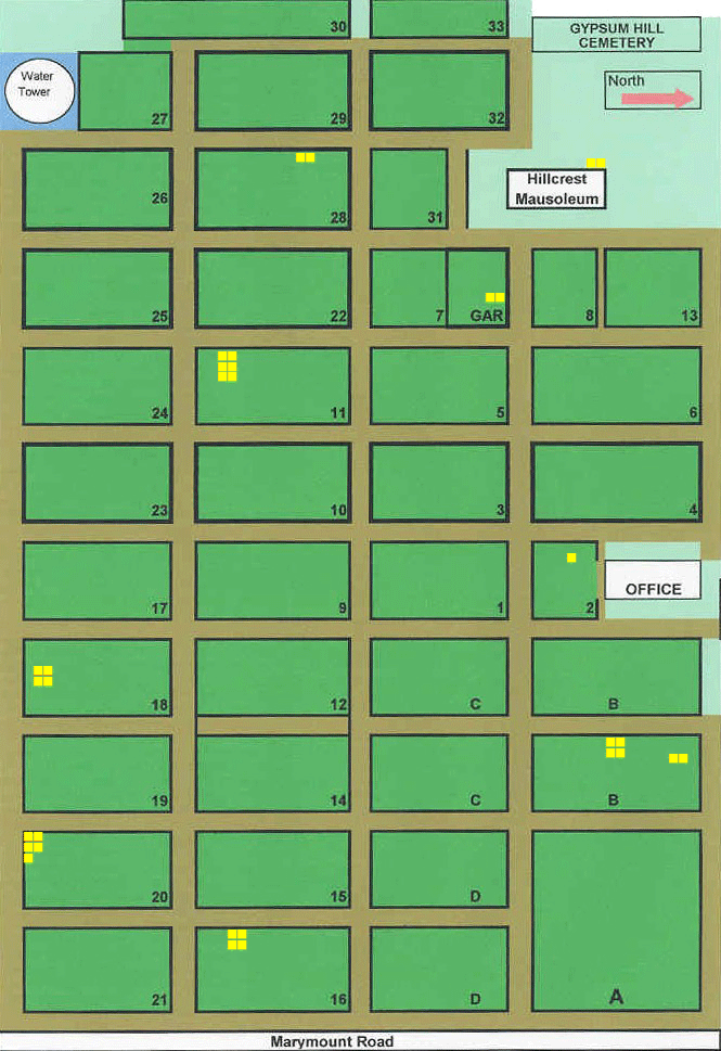 Plot map of Gypsum Hill Cemetery, Salina, Kansas, showing numbered burial blocks and Marymount Road along the south edge.