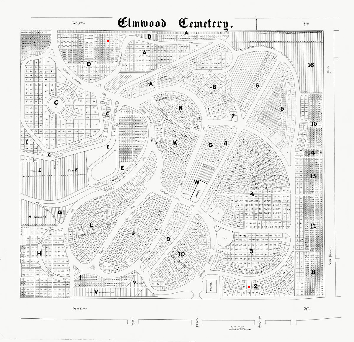Plot map of Elmwood Cemetery, Kansas City, Missouri, showing numbered burial blocks.