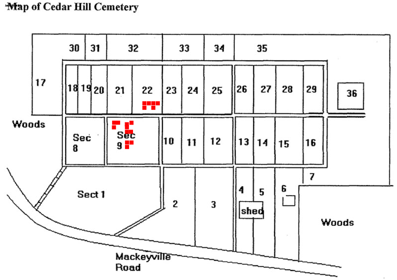 Plot map of Cedar Hill Cemetery, Mill Hall, Pennsylvania, showing numbered sections and Mackeyville Road.