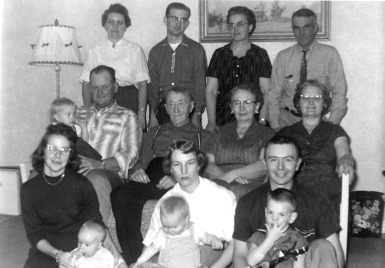 Christmas 1959 - Front row (L-R) Sheldon Frain, Dennis Frain, Randy Frain, 2nd Row (L-R) Francis (VanMeter) Frain, Dixie (Sams) Frain, Bob Frain, 3rd Row (L-R) Barbara Frain, Amos Nelson, Andrew Nelson, Doris (Nelson) Frain, Bertha Nelson, 4th Row (L-R) Erma (McCall) Nelson, Raymond Brady, Irene (Nelson) Brady, Ted Frain