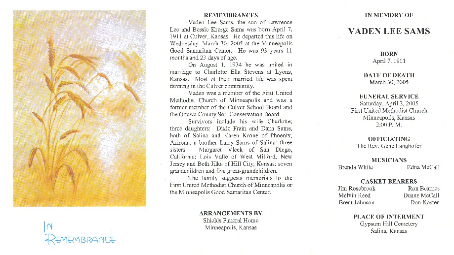 Vaden Sams Obituary
