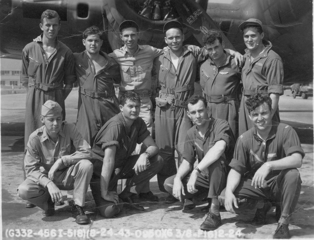 The Bernard Beckman crew was with the 532nd BS and flew their first mission in combat on September 26, 1943; Back Row Left to Right Robert Rush (Waist Gunner), Robert M. Luth (Waist Gunner), Nick Rossi (Tail Gunner), Garold R. Frain (Ball Turret Gunner),; Joseph S. Lanza (Radioman), George Dirling (Engineer); Front Row Left to Right David. Brophy (Navigator), Donald G. Henderson (Co-pilot), Bernard F. Beckman (Pilot). William D. Lofton (Bombardier)