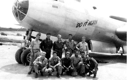 Top Left to Right: Geroge F Schmidt (Radar), William W Sams (A/C), William G Catts (Pilot), Frank Shelling (Bomb), Bob Volin (Eng); Bottom Left to RightR: Ed Alderson (Radio),?? (Gunner), Art Simpson (CFC), "Pop" Priester (Gunner), Edmund R Willis (TG), Gary Lipton (Nav); Between Feb 1945 and July 26, 1945 - this crew had completed 35 missions and went back to the US before VJ Day. ;As you can see, they did not have time to paint the Pirate's crest on the nose of their B-29.