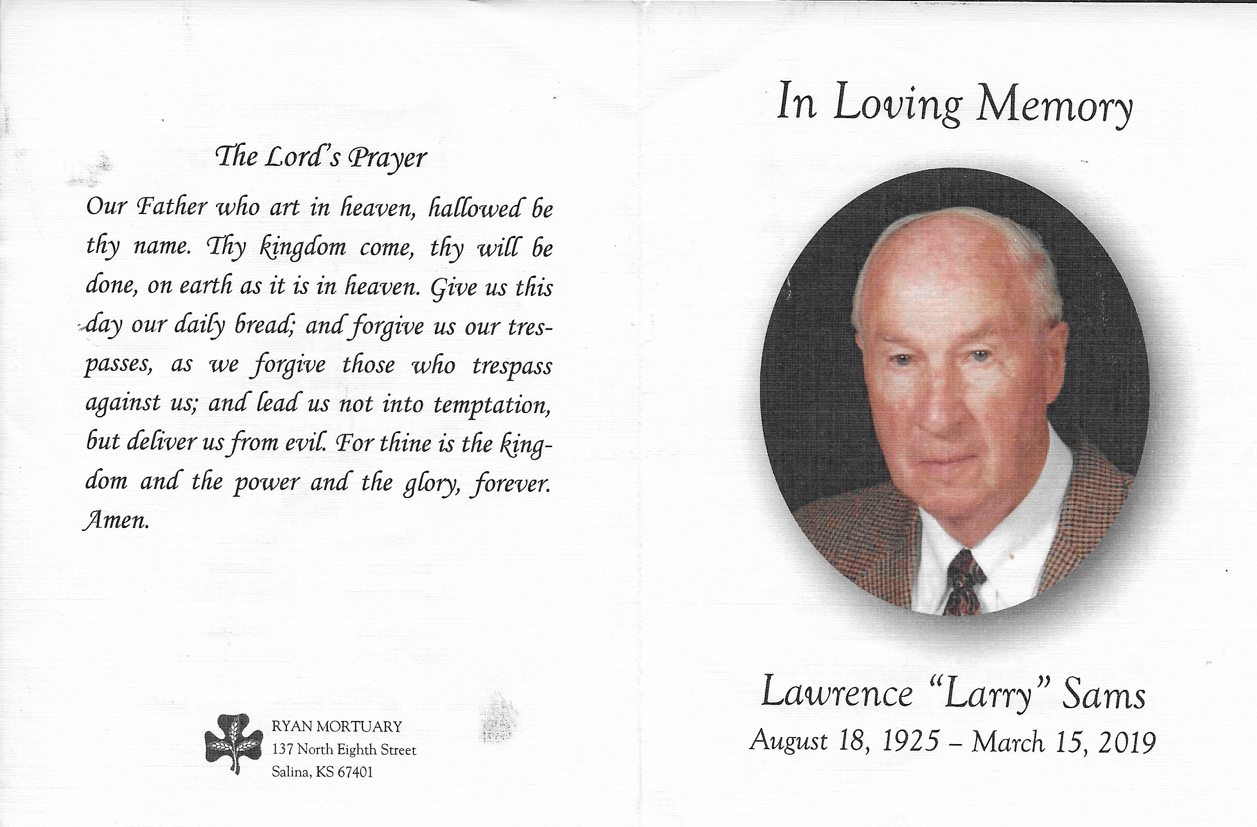 Lawrence Sams Funeral Card
