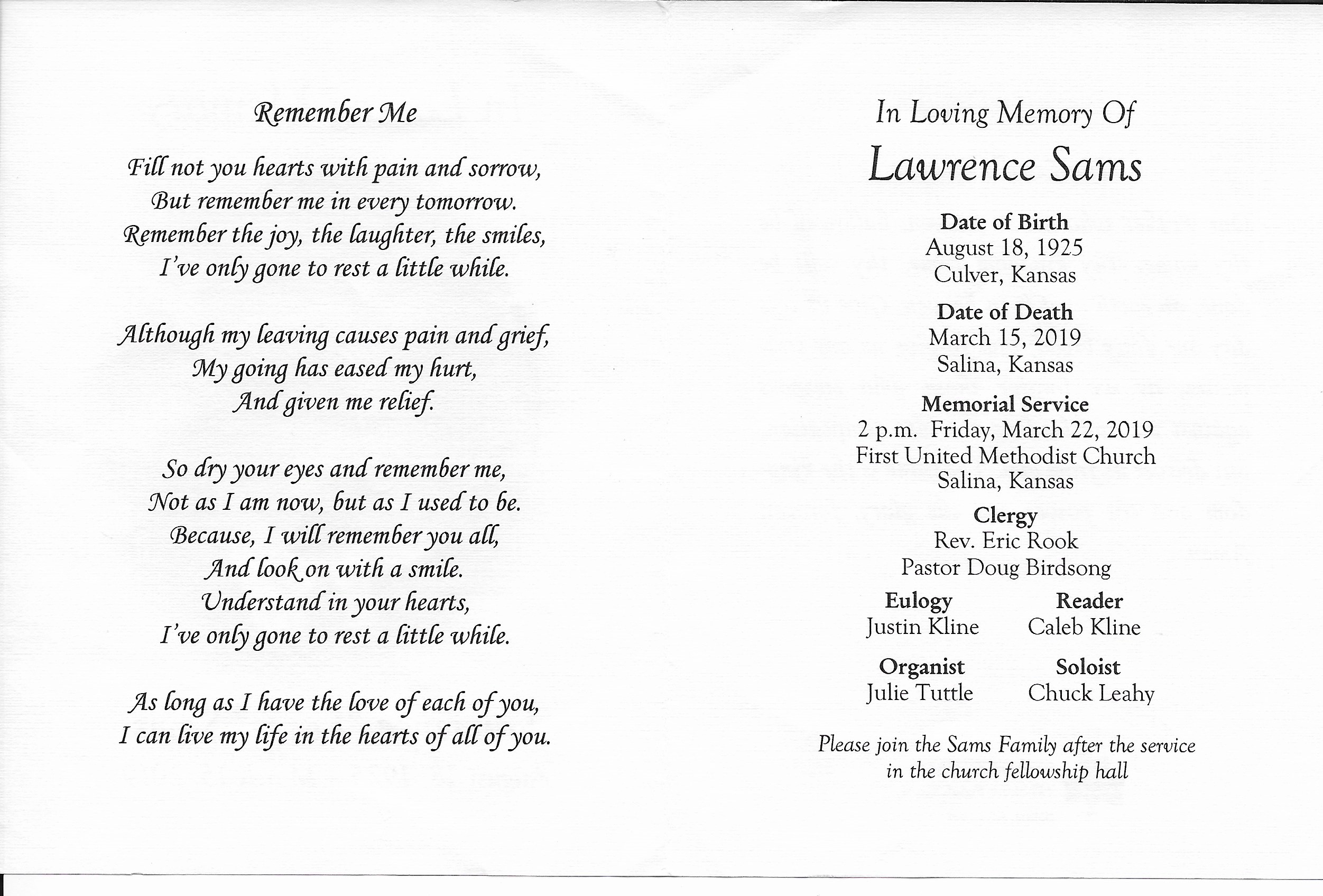 Lawrence Sams Funeral Card